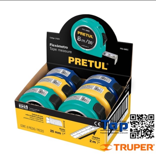 Imagen de FLEXOMETRO 8 M CINTA 25 MM DISPLAY BOX C 6 PZAS PRETUL