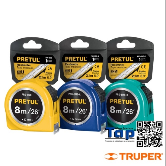 Imagen de FLEXOMETRO AMARILLO 8 M CINTA 25 MM EN TARJETA PRETUL