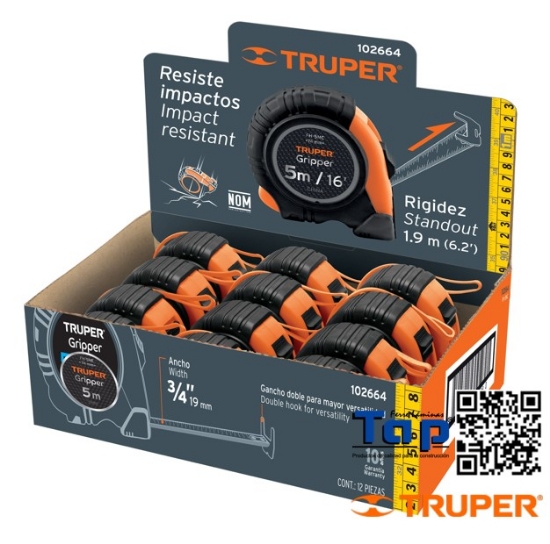 Imagen de FLEXOMETRO GRIPPER 5 M CINTA 13 MM DISPLAY BOX C 12 PIEZAS