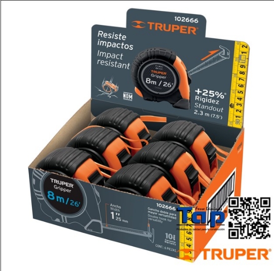 Imagen de FLEXOMETRO GRIPPER 8 M CINTA 25 MM DISPLAY BOX C 6 PIEZAS