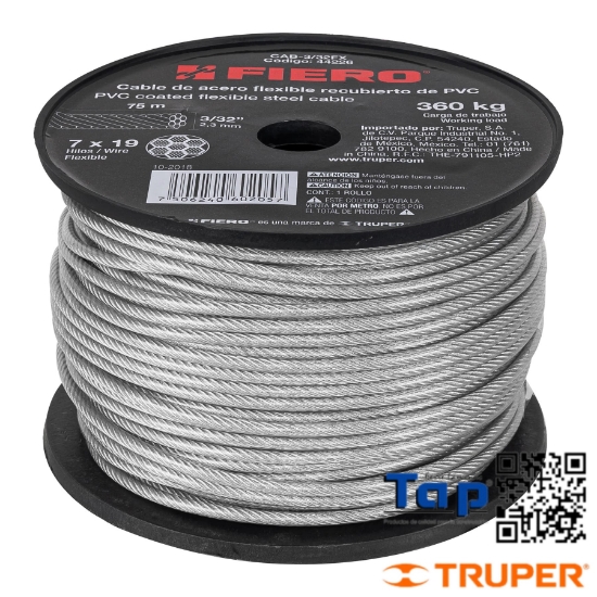 Imagen de CABLE FLEX 002 3/32" ACERO 7X19 RECUBIERTO PVC  75 M X METRO