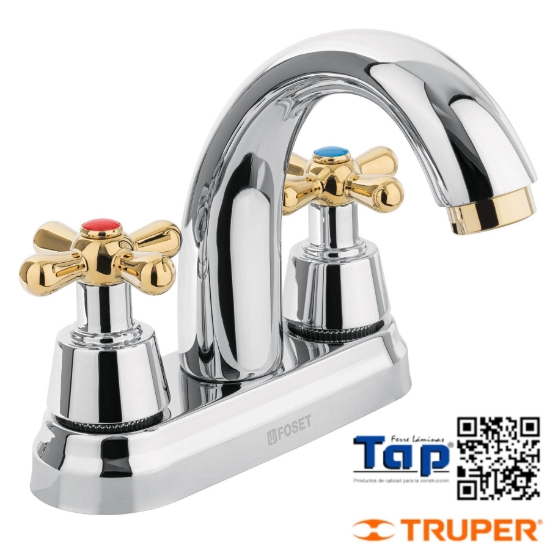 Imagen de MEZCLADORA CROMO-ORO 100 4" P LAVABO NARIZ CURVA CRUCETAFOSE