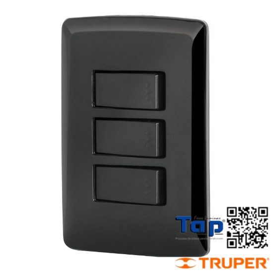 Imagen de PLACA ARMADA 3 INTERRUPTOR SENCILLOS NEGRO LINEA ITALIANA