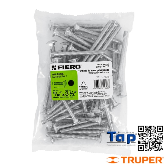 Imagen de TORNILLOS T COCHE 008 5/16"X087 3-1/2"  FIERO BOL 50