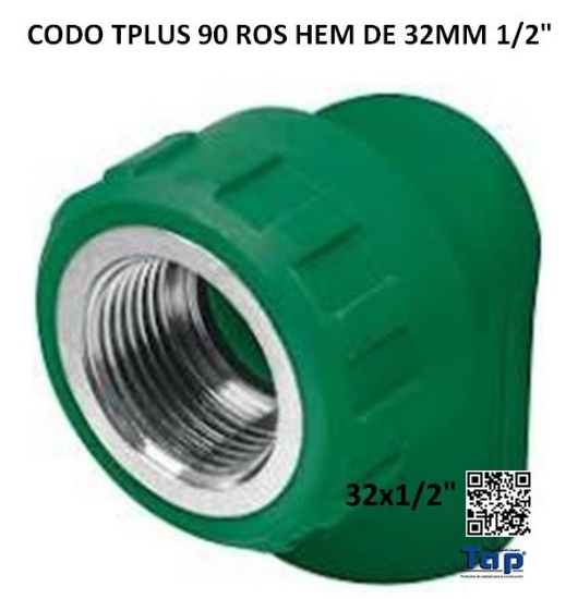Imagen de CODO TPLUS 90 ROS HEM DE 32MM 1/2"