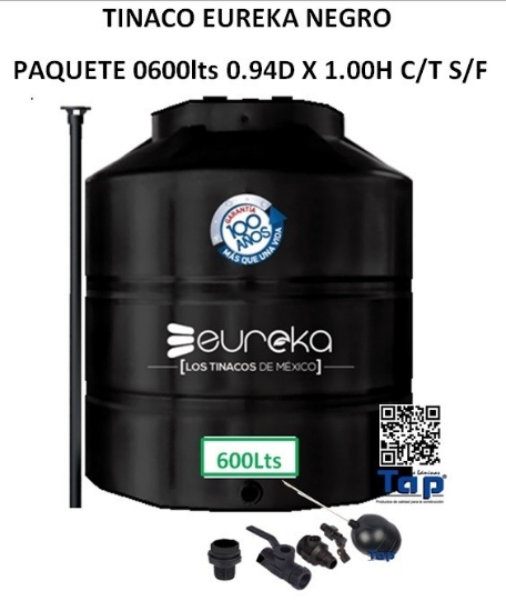 Imagen de TINACO EUREKA NEGRO  PAQUETE 0600lts 0.94D X 1.00H C/T S/F