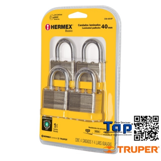 Imagen de CANDADO CUERPO LAMINADO 40 MM HERMEX BASIC JGO 4
