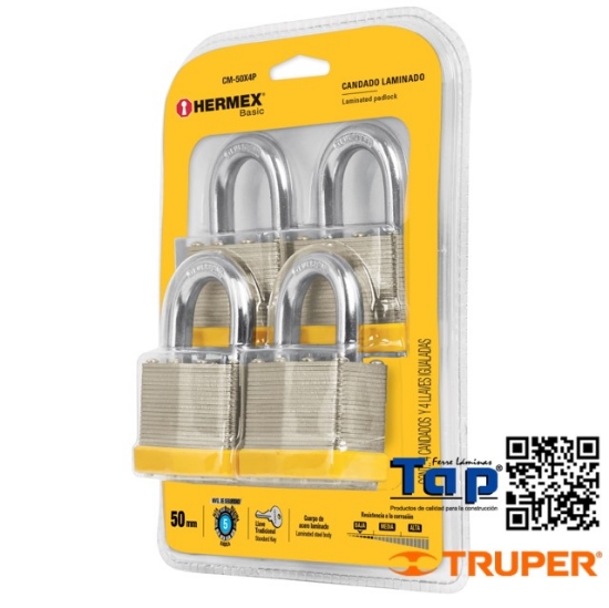 Imagen de CANDADO CUERPO LAMINADO 50 MM HERMEX BASIC JGO 4