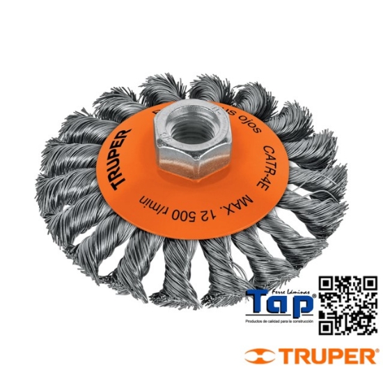 Imagen de CARDA T CONICO 100 4" ALAMTRENZADO EJE 015 5/8"-11 TRUPER