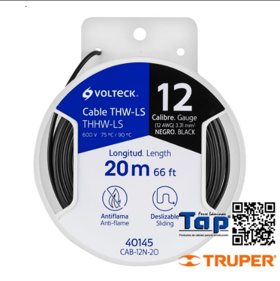 Imagen de CABLE THHW-LS 12 AWG NEGRO VOLTECK CARRETE C  20 M