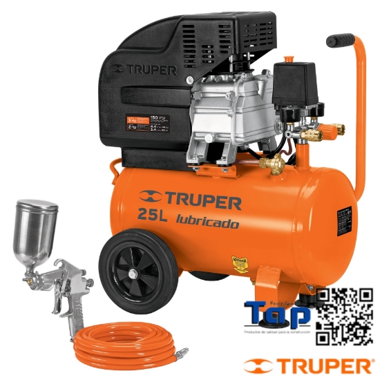 Imagen de COMPRESOR 25L 3 HP MANGUERA PVC Y PISTOLA TRUPER KIT