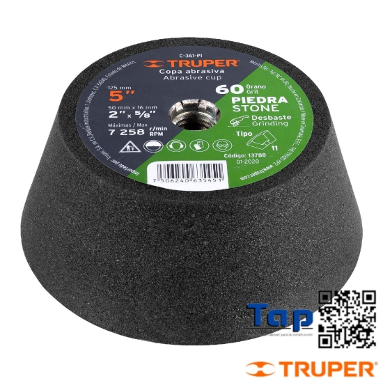 Imagen de COPA DESBASTE PIEDRA 125 5" GRANO 24 EJE 015 5/8"-11 TRUPER