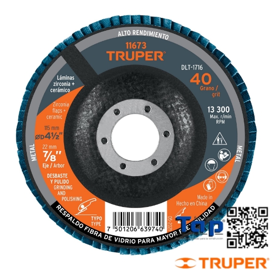 Imagen de DISCO 113 4-1/2" LAMINADO GRANO  40 CENTRO 022 7/8" TRUPER