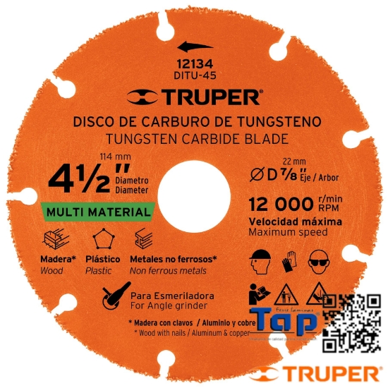 Imagen de DISCO 113 4-1/2" MULTIMATERIAL CARBURO TUNGSTENO TRUPER