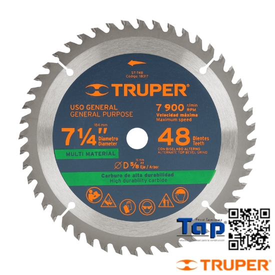 Imagen de DISCO SIERRA 7-1/4" MULTIMATERIAL, 48 DIENTES CENTRO 5/8"
