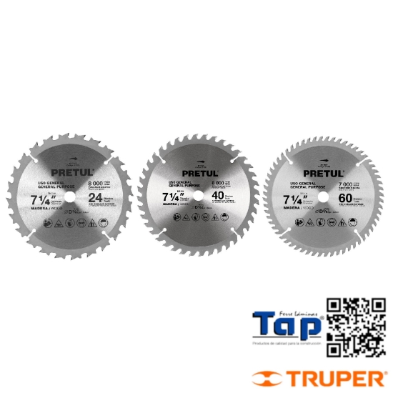 Imagen de DISCO SIERRA 7-1/4" P MAD 60 DIENTES CENTRO 015 5/8" PRETUL