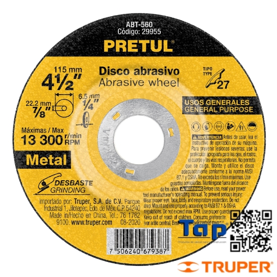 Imagen de DISCO T 27 113 4-1/2"X6.2 MM DESBASTE METAL PRETUL