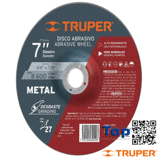 Imagen de DISCO T 27 113 4-1/2"X6.4 MM P DESBASTE METAL