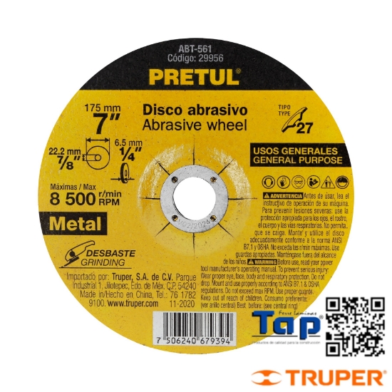 Imagen de DISCO T 27 175 7"X6.2 MM DESBASTE METAL PRETUL
