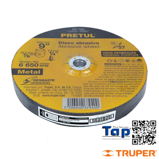 Imagen de DISCO T 27 225 9"X6.2 MM DESBASTE METAL PRETUL