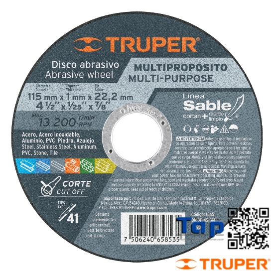 Imagen de DISCO T 41 113 4-1/2"X1 MM CORTE MULTIMATERIAL SABLE