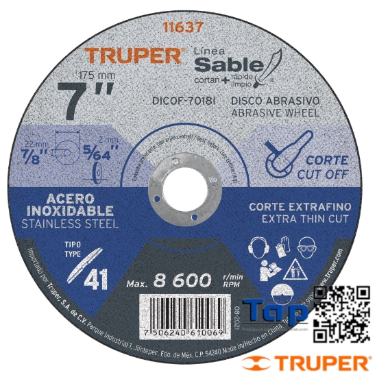 Imagen de DISCO T 41 175 7"X1.8 MM CORTE FINO ACERO INOX SABLE