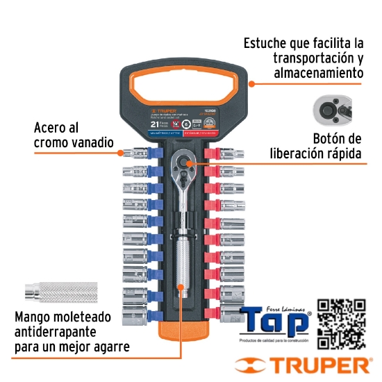 Imagen de DADOS MM Y STD C MATRACA CUA 006 1/4" TRUPER JGO