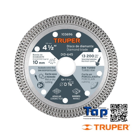 Imagen de DISCO DE DIAMANTE 4 013 1/2" CORTE PORCELANATO TRUPER