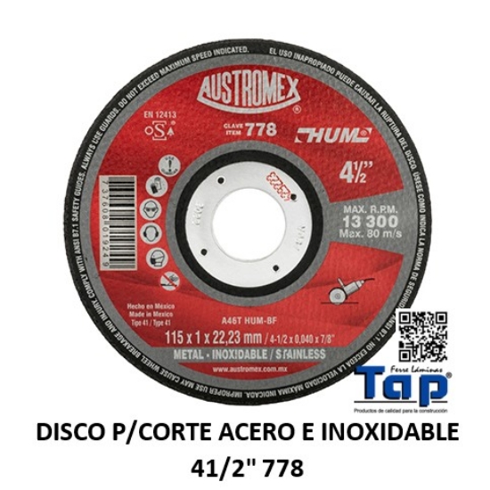 Imagen de DISCO P/CORTE ACERO E INOXIDABLE 41/2" 778